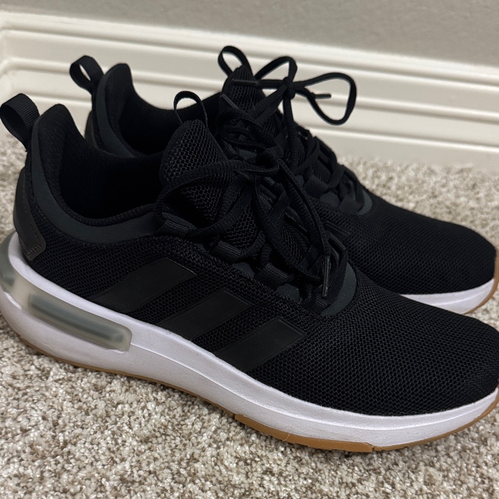 Adidas Black Cloudfoam Sneakers with White and Tan Accents US 10